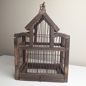 Rustic Primitive Wood & Wire Bird Cage 9.25"×5.25"×14 Rusty Distressed Farmhouse